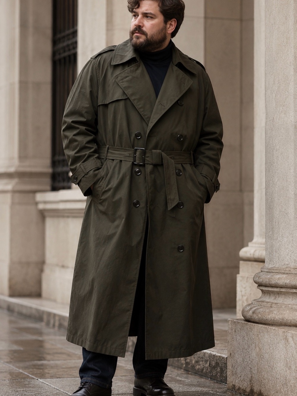 Classic Men's Olive Trench Coat with Belt Sz40